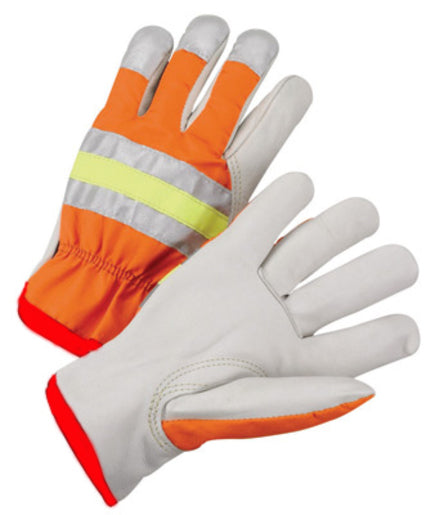 Radnor¬Æ Small Gray And Hi-Viz Orange Grain Cowhide Unlined Drivers Gloves With Keystone Thumb, Slip-On Cuff And Red Hem