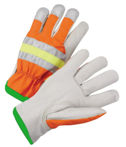 Radnor¬Æ Medium Gray And Hi-Viz Orange Grain Cowhide Unlined Drivers Gloves With Keystone Thumb, Slip-On Cuff And Green Hem