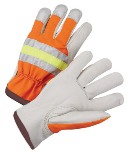 Radnor¬Æ Large Gray And Hi-Viz Orange Grain Cowhide Unlined Drivers Gloves With Keystone Thumb, Slip-On Cuff And Brown Hem