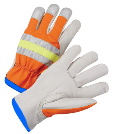 Radnor¬Æ X-Large Gray And Hi-Viz Orange Grain Cowhide Unlined Drivers Gloves With Keystone Thumb, Slip-On Cuff And Blue Hem