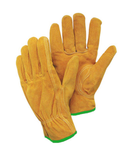 Radnor¬Æ Medium Leather Unlined Drivers Gloves With Keystone Thumb, Slip-On Cuff, Green Hem And Shirred Elastic Back