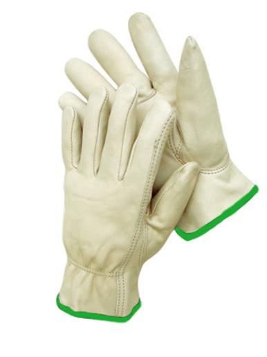 Radnor¬Æ Medium Premium Grain Leather Unlined Drivers Gloves With Keystone Thumb, Slip-On Cuff And Green Hem