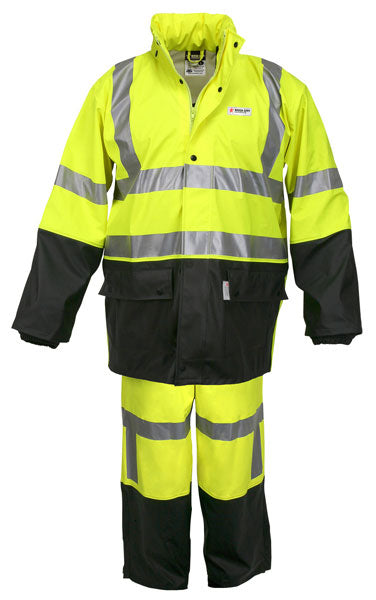 MCR Safety¬Æ Fluorescent Lime | Black Luminator‚Ñ¢ .40 mm Polyester And Polyurethane 2-Piece Rain Suit With Attached Hood And Elastic Waist Pants