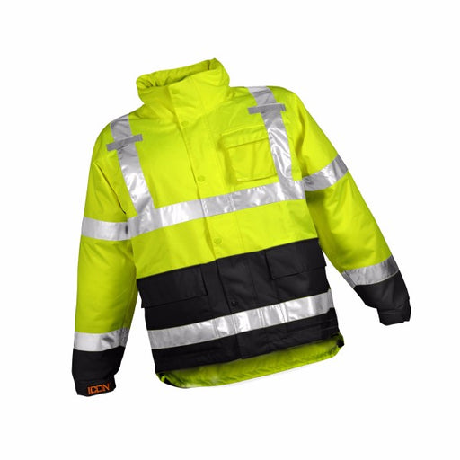 Tingley 2X 34 1/2" Fluorescent Yellow/Green/Black Icon‚Ñ¢ Job Sight‚Ñ¢ 12 mil Polyurethane And Polyester Rain Jacket With Storm Fly Front And Zipper Closure, Silver Reflective Tape And Attached Hood