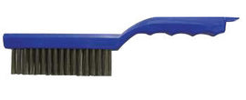 Weiler® 5" Scratch Brush With 11" Block, 4 X 16 Rows, Plastic Shoe Handle And .012" X 1 3/16" Stainless Steel Trim