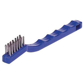 Weiler® 1 3/8" Small Hand Scratch Brush With 7 1/2" X 1/2" Block, 3 X 7 Rows, Plastic Handle And .006" X 1/2" Stainless Steel Trim
