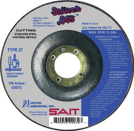 United Abrasives 5" X .045" X 7/8" Saitech Ceramic Aluminum Oxide Type 27 Cut Off Wheel (Qty 1)