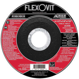 FlexOVit™ 5" X 1/8" X 7/8" A30S Aluminum Oxide HIGH PERFORMANCE™ Fast Cut Type 27 Depressed Center Cut Off And Grinding Wheel For Use With Angle Grinder On Metal And Stainless Steel (Quantity 25)