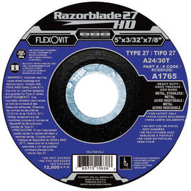 FlexOVit™ 4 1/2" X 3/32" X 5/8" - 11 A24/30T Aluminum Oxide Razorblade 27® Heavy Duty And Fast Cut Type 27 Spin-On Depressed Center Cut Off Wheel For Use With Angle Grinder On Metal And Stainless Steel (Qty 1)