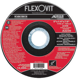 FlexOVit™ 5" X 1/4" X 5/8" - 11 A30S Aluminum Oxide HIGH PERFORMANCE™ Fast Grind Type 27 Spin-On Depressed Center Grinding Wheel For Use With Angle Grinder On Metal And Stainless Steel (Qty 1)