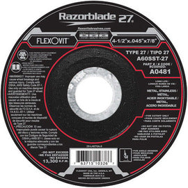 FlexOVit™ 4 1/2" X .0450" X 7/8" A60SST-27 Aluminum Oxide Razorblade 27® Fast Cut And Long Life Type 27 Depressed Center Cut Off Wheel For Use With Angle Grinder On Metal And Stainless Steel