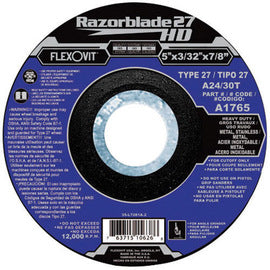 FlexOVit™ 4 1/2" X 3/32" X 7/8" A24/30T Aluminum Oxide Razorblade 27® Heavy Duty And Fast Cut Type 27 Depressed Center Cut Off Wheel For Use With Angle Grinder On Metal And Stainless Steel (Qty 1)