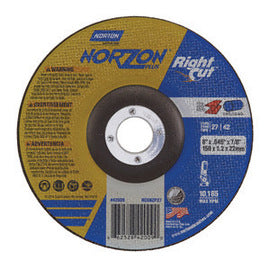 Norton® 6" X 0.045" X 7/8" Zirconia And Ceramic Alumina NorZon Plus® Right Cut™ Type 27/42 Depressed Center Cut Off Wheel For Use With Right Angle Grinder On Steel, Metal And Stainless Steel (Qty 1)