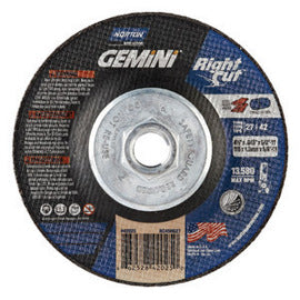 Norton® 4 1/2" X 0.045" X 5/8" - 11 Aluminum Oxide Gemini® Right Cut™ Type 27/42 Depressed Center Cut Off Wheel For Use With Right Angle Grinder On Steel, Metal And Stainless Steel (Quantity 10)
