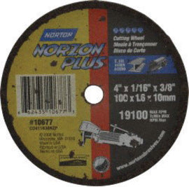 Norton® 4" X 1/16" X 3/8" C0411638NZP Ceramic Alumina NORZON PLUS™ LONGLIFE Flat Type 1 Cut Off Wheel For Use With Horizontal or Straight Shaft Grinder (Quantity 25)