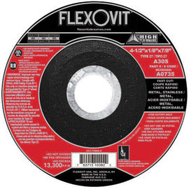 FlexOVit™ 4 1/2" X 1/8" X 7/8" A30S Aluminum Oxide HIGH PERFORMANCE™ Fast Cut Type 27 Depressed Center Cut Off Wheel For Use With Angle Grinder On Metal And Stainless Steel (Qty 1)