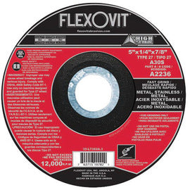 FlexOVit™ 5" X 1/4" X 7/8" A30S Aluminum Oxide HIGH PERFORMANCE™ Fast Grind Type 27 Depressed Center Grinding Wheel For Use With Angle Grinder On Metal And Stainless Steel (Qty 1)