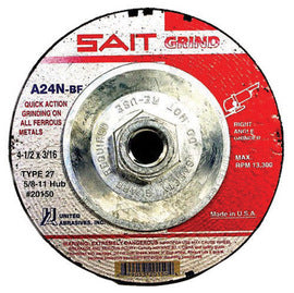 United Abrasives 4 1/2" X 3/16" X 5/8" - 11 A24N 24 Grit Aluminum Oxide Type 27 Grinding Wheel (Quantity 10)