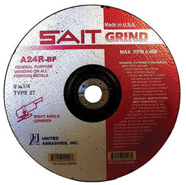 United Abrasives 9" X 1/4" X 7/8" A24R 24 Grit Aluminum Oxide Type 27 Grinding Wheel (Qty 1)