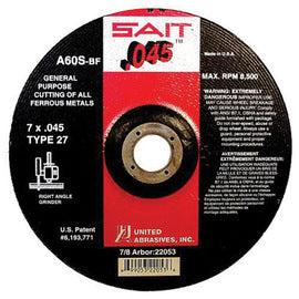 United Abrasives 7" X .045" X 7/8" A60S 60 Grit Aluminum Oxide Type 27 Cut Off Wheel