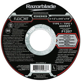 FlexOVit™ 4 1/2" X .0450" X 7/8" A60SST Aluminum Oxide Razorblade® Reinforced And Fast Cut Type 1 Cut Off Wheel For Use With Angle Grinder On Metal And Stainless Steel