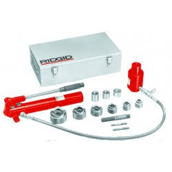 Ridgid® 1/2" - 2" Red/Silver HKO-186 Hydraulic Knockout Kit (Includes Hand Pump, (2) Draw Bolts, Draw Bar, Spacers, 3' Hose, Punch/Die Sets, 11 Ton Hydraulic Ram, Relief Valve, Drive Screws And H-D Ball Bearings)